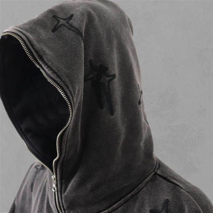 Embroidery Washed Appl Zipper Up Hoodie