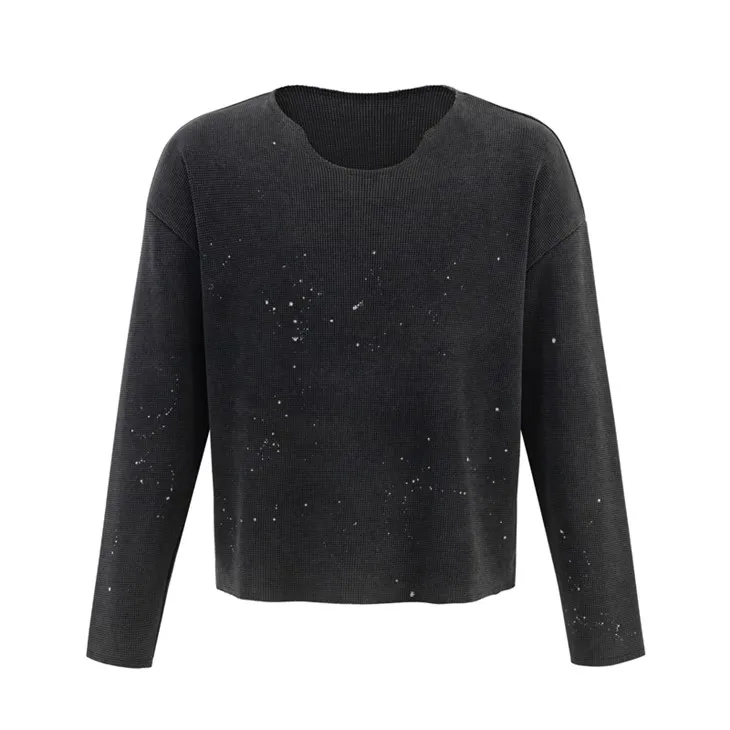 Cyfanwerthu OEM Splatter Golchi Waffle Llawes Hir Crys T Kornit DTG Print